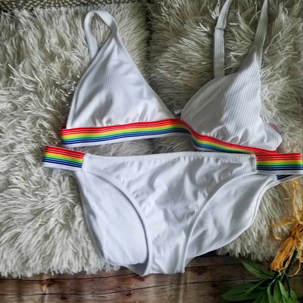 Xhilaration white rainbow ribbed XL bikini NWT